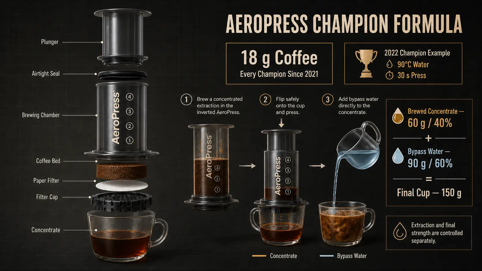AeroPress champion recipe diagram showing the brewer parts, an inverted brew, and 60 grams of brewed concentrate diluted with 90 grams of bypass water
