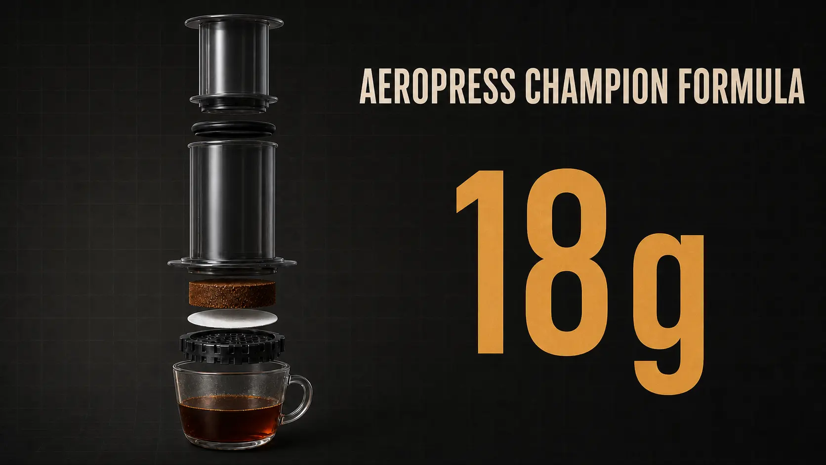 Exploded AeroPress brewer beside the 18 gram champion formula