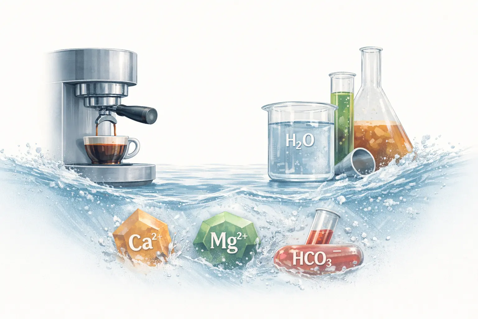 Espresso machine and water chemistry illustration with calcium, magnesium, and bicarbonate ions